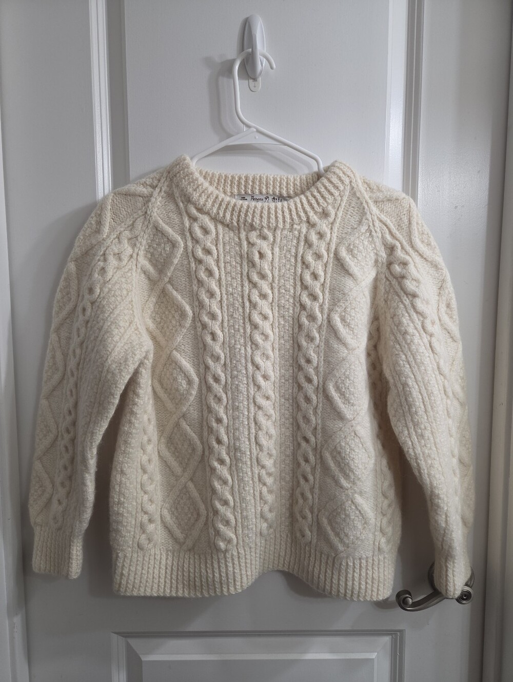 Athena Designs Irish Handknit Wool Sweater Ivory Aran Cable Knit Pullover M